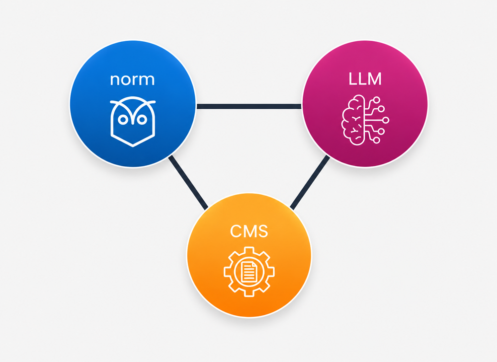 Diagram showing norm connected to an LLM and a CMS knowledgebase
