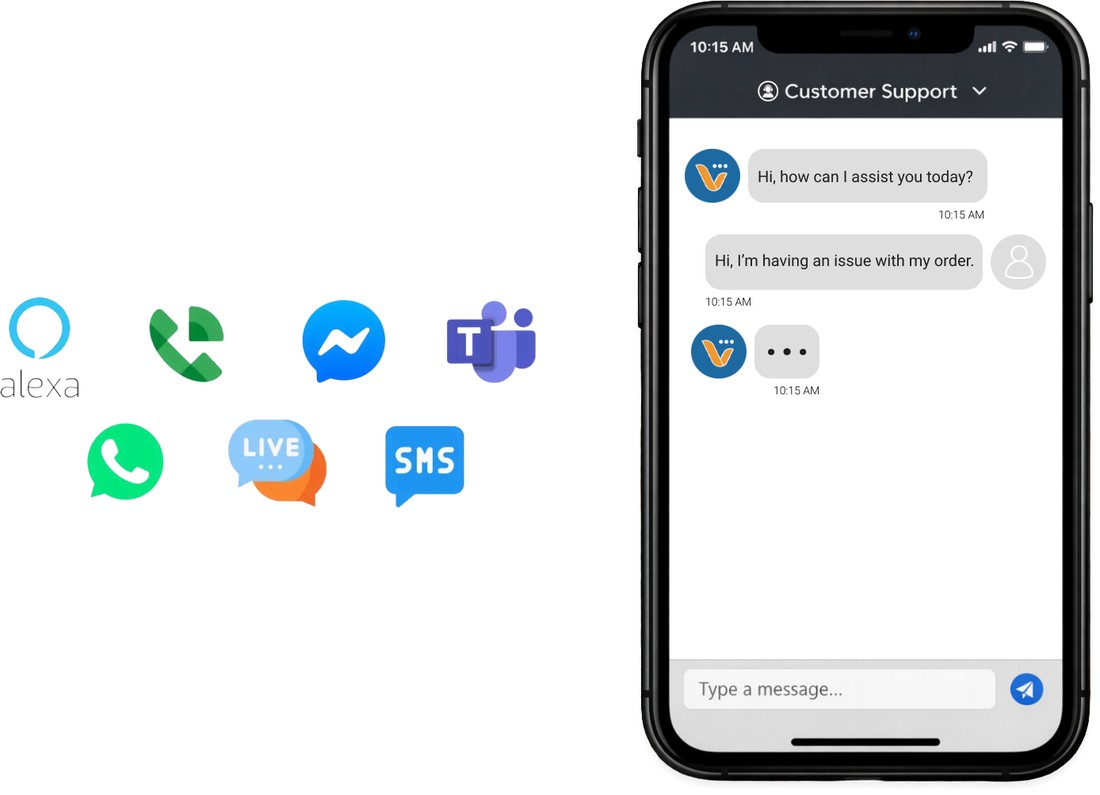 Vira customer support chat shown on a phone, alongside icons for Alexa, phone, Messenger, Teams, WhatsApp, live chat, and SMS channels